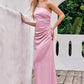 Sheath/Column One-Shoulder Sleeveless Floor-Length Stretch Satin Bridesmaid Dresses with Pleated Denisse DEP0025221