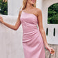 Sheath/Column One-Shoulder Sleeveless Floor-Length Stretch Satin Bridesmaid Dresses with Pleated Denisse DEP0025221