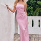 Sheath/Column One-Shoulder Sleeveless Floor-Length Stretch Satin Bridesmaid Dresses with Pleated Denisse DEP0025221