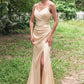 Sheath/Column V Neck Sleeveless Floor-Length Stretch Satin Bridesmaid Dresses with Pleated Split Janet DEP0025222