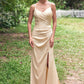 Sheath/Column V Neck Sleeveless Floor-Length Stretch Satin Bridesmaid Dresses with Pleated Split Janet DEP0025222