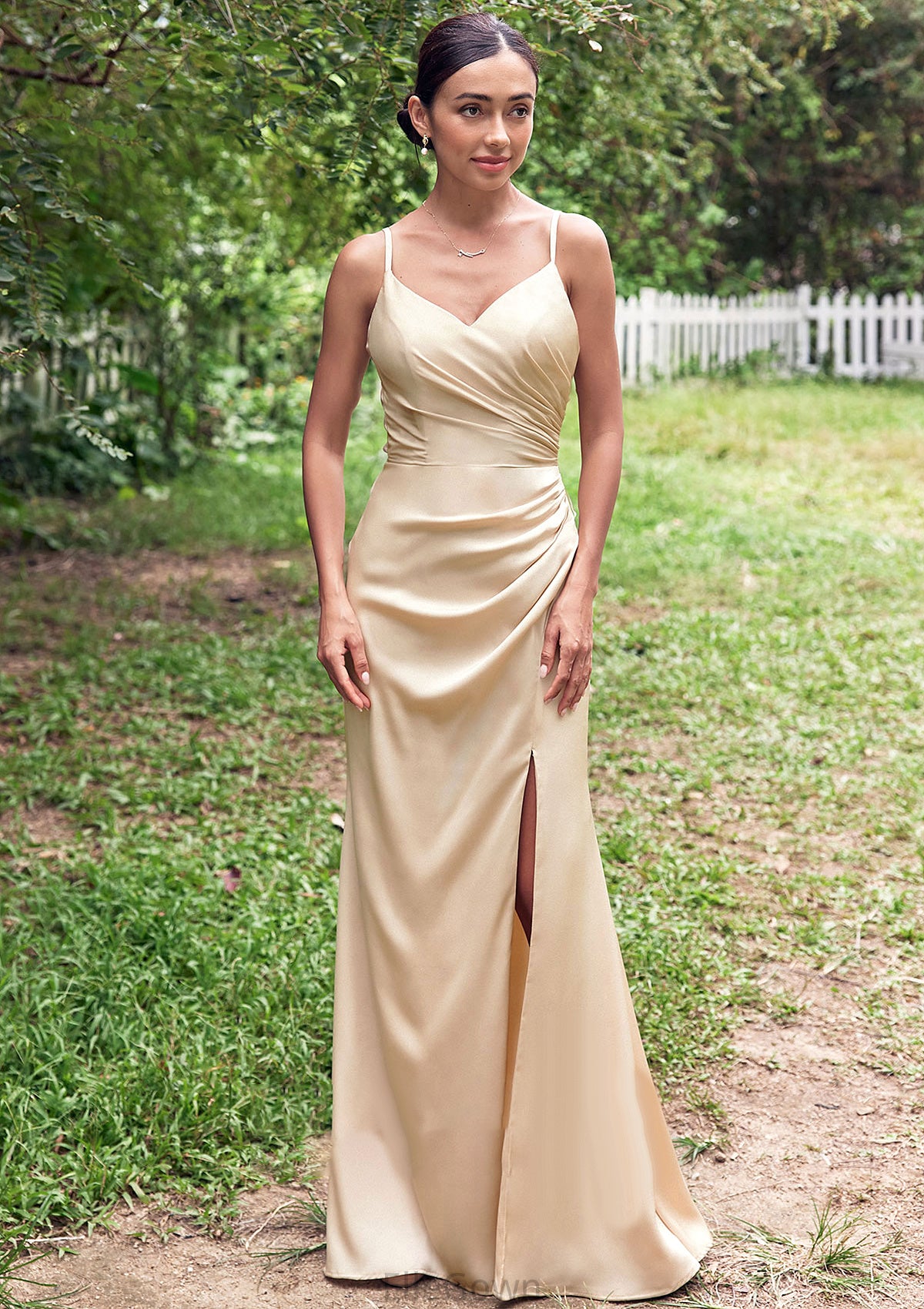 Sheath/Column V Neck Sleeveless Floor-Length Stretch Satin Bridesmaid Dresses with Pleated Split Janet DEP0025222