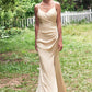 Sheath/Column V Neck Sleeveless Floor-Length Stretch Satin Bridesmaid Dresses with Pleated Split Janet DEP0025222