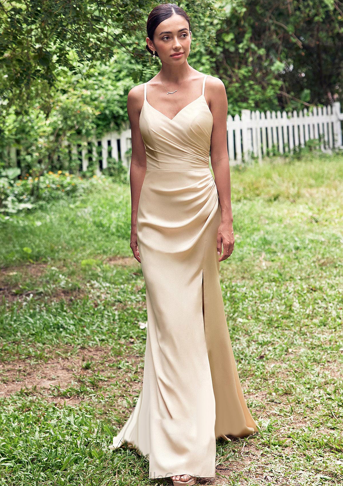 Sheath/Column V Neck Sleeveless Floor-Length Stretch Satin Bridesmaid Dresses with Pleated Split Janet DEP0025222