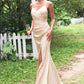 Sheath/Column V Neck Sleeveless Floor-Length Stretch Satin Bridesmaid Dresses with Pleated Split Janet DEP0025222