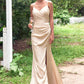 Sheath/Column V Neck Sleeveless Floor-Length Stretch Satin Bridesmaid Dresses with Pleated Split Janet DEP0025222