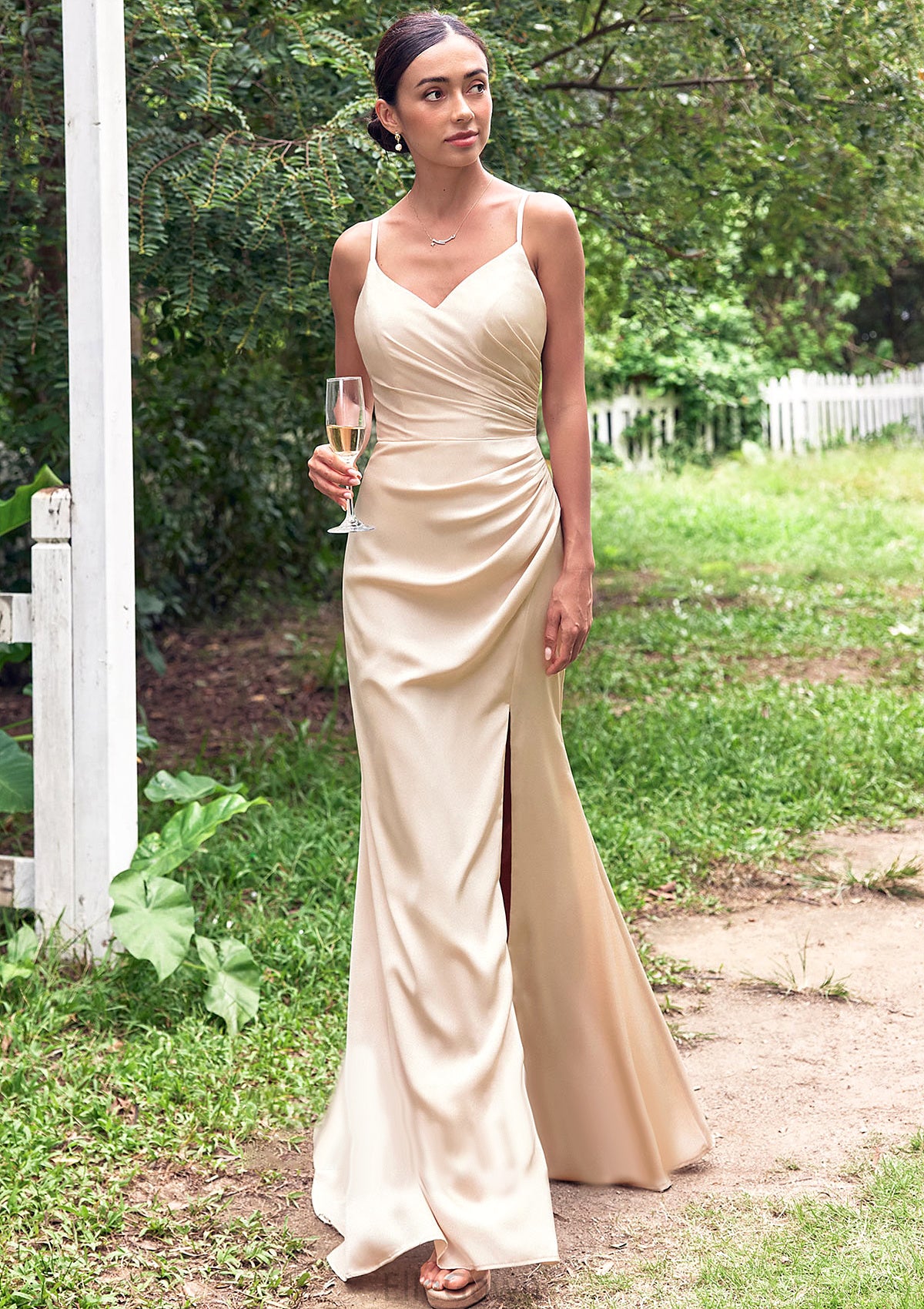 Sheath/Column V Neck Sleeveless Floor-Length Stretch Satin Bridesmaid Dresses with Pleated Split Janet DEP0025222