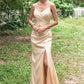 Sheath/Column V Neck Sleeveless Floor-Length Stretch Satin Bridesmaid Dresses with Pleated Split Janet DEP0025222