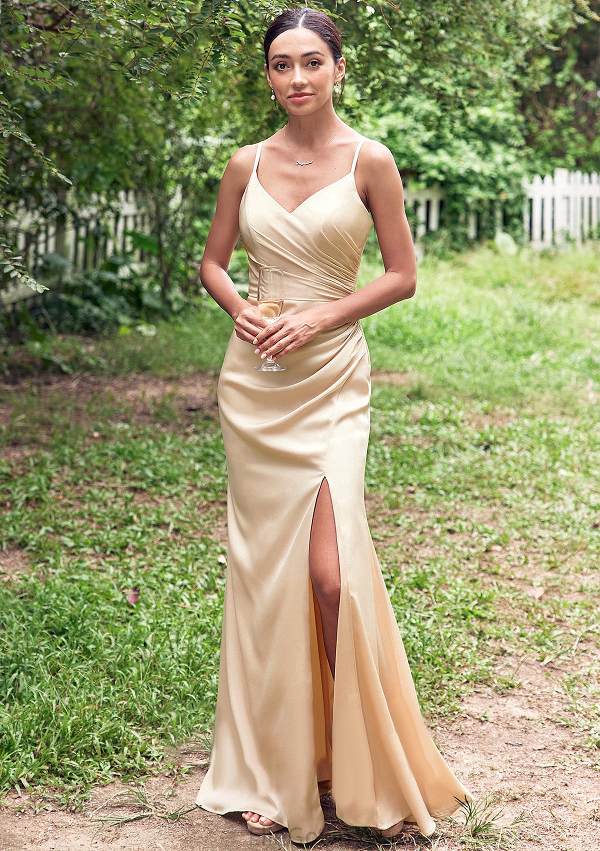 Sheath/Column V Neck Sleeveless Floor-Length Stretch Satin Bridesmaid Dresses with Pleated Split Janet DEP0025222