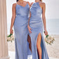 Sheath/Column Halter Sleeveless Floor-Length Stretch Satin Bridesmaid Dresses with Pleated Split Rhianna DEP0025224