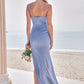 Sheath/Column Halter Sleeveless Floor-Length Stretch Satin Bridesmaid Dresses with Pleated Split Rhianna DEP0025224