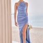 Sheath/Column Halter Sleeveless Floor-Length Stretch Satin Bridesmaid Dresses with Pleated Split Rhianna DEP0025224