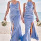 Sheath/Column Halter Sleeveless Floor-Length Stretch Satin Bridesmaid Dresses with Pleated Split Rhianna DEP0025224