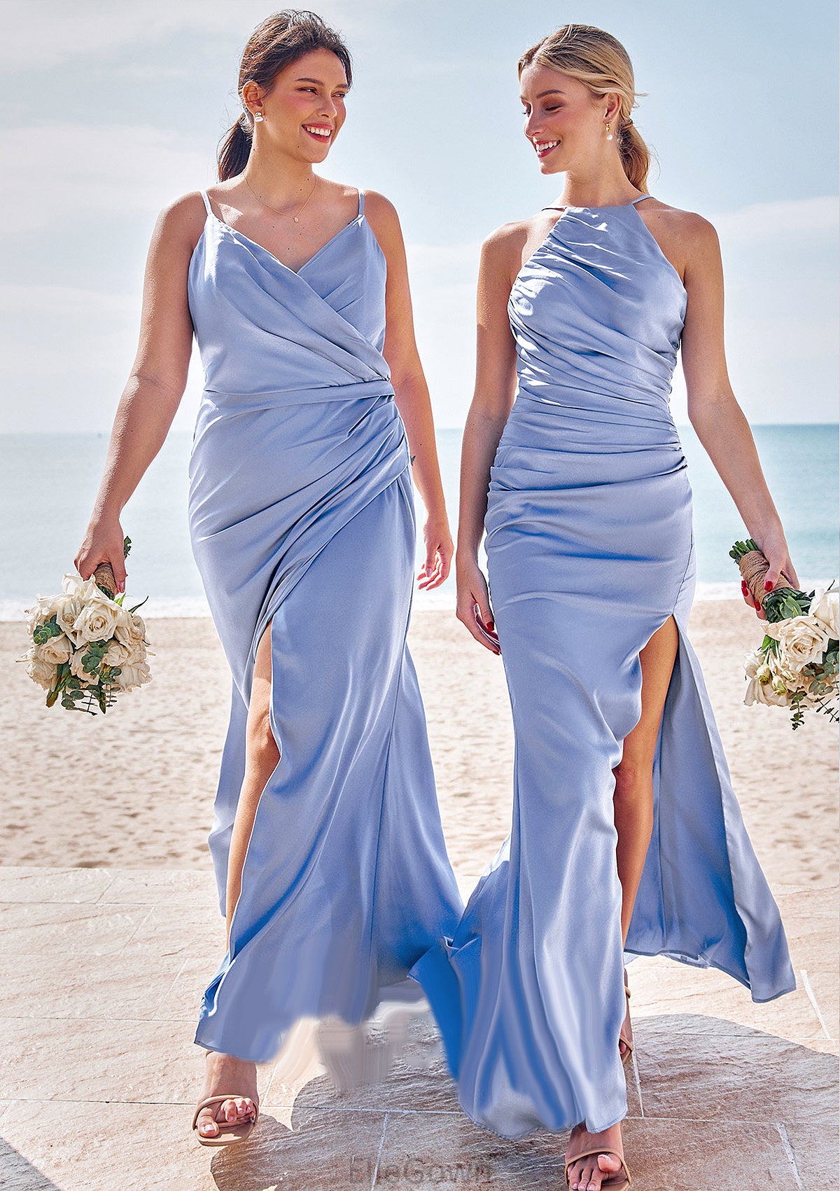 Sheath/Column Halter Sleeveless Floor-Length Stretch Satin Bridesmaid Dresses with Pleated Split Rhianna DEP0025224