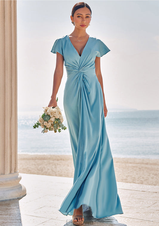 Sheath/Column V Neck Short Sleeve Floor-Length Stretch Satin Bridesmaid Dresses with Pleated Scarlett DEP0025225