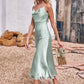 Sheath/Column Cowl Neck Sleeveless Tea-Length Stretch Satin Bridesmaid Dresses Journey DEP0025226