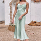 Sheath/Column Cowl Neck Sleeveless Tea-Length Stretch Satin Bridesmaid Dresses Journey DEP0025226