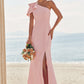 Sheath/Column One-Shoulder Sleeveless Floor-Length Stretch Crepe Bridesmaid Dresses with Bowknot Split Ruby DEP0025230