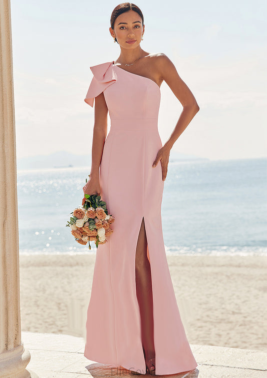 Sheath/Column One-Shoulder Sleeveless Floor-Length Stretch Crepe Bridesmaid Dresses with Bowknot Split Ruby DEP0025230