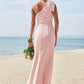 Sheath/Column One-Shoulder Sleeveless Floor-Length Stretch Crepe Bridesmaid Dresses with Bowknot Split Ruby DEP0025230