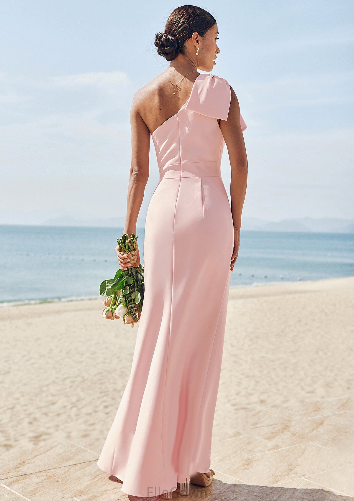 Sheath/Column One-Shoulder Sleeveless Floor-Length Stretch Crepe Bridesmaid Dresses with Bowknot Split Ruby DEP0025230