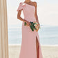 Sheath/Column One-Shoulder Sleeveless Floor-Length Stretch Crepe Bridesmaid Dresses with Bowknot Split Ruby DEP0025230