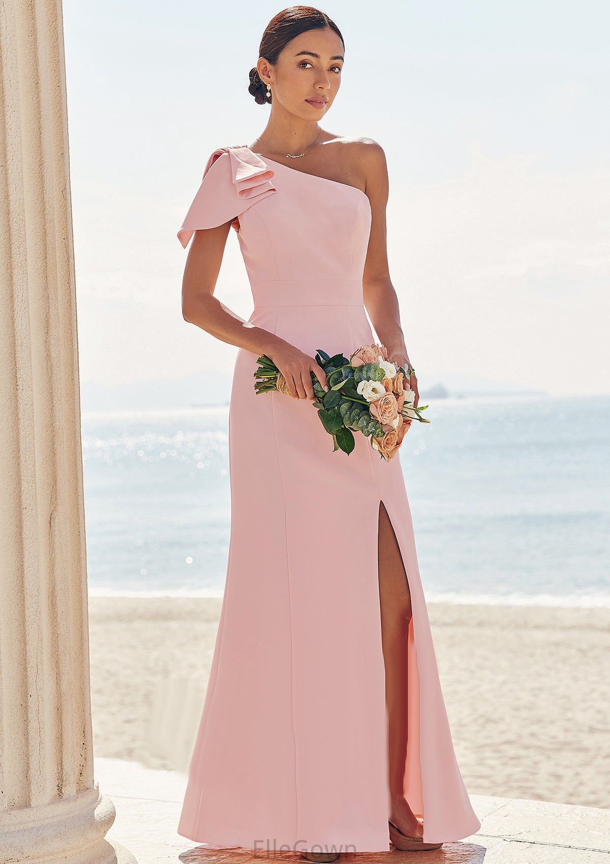 Sheath/Column One-Shoulder Sleeveless Floor-Length Stretch Crepe Bridesmaid Dresses with Bowknot Split Ruby DEP0025230