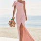 Sheath/Column One-Shoulder Sleeveless Floor-Length Stretch Crepe Bridesmaid Dresses with Bowknot Split Ruby DEP0025230