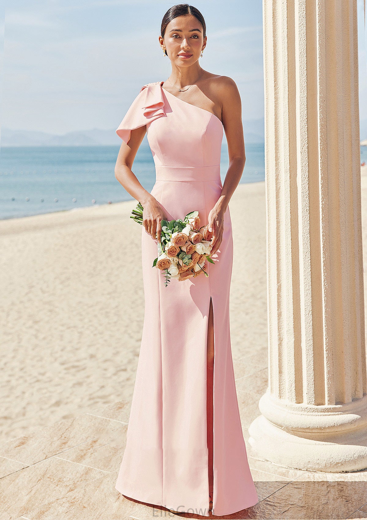 Sheath/Column One-Shoulder Sleeveless Floor-Length Stretch Crepe Bridesmaid Dresses with Bowknot Split Ruby DEP0025230