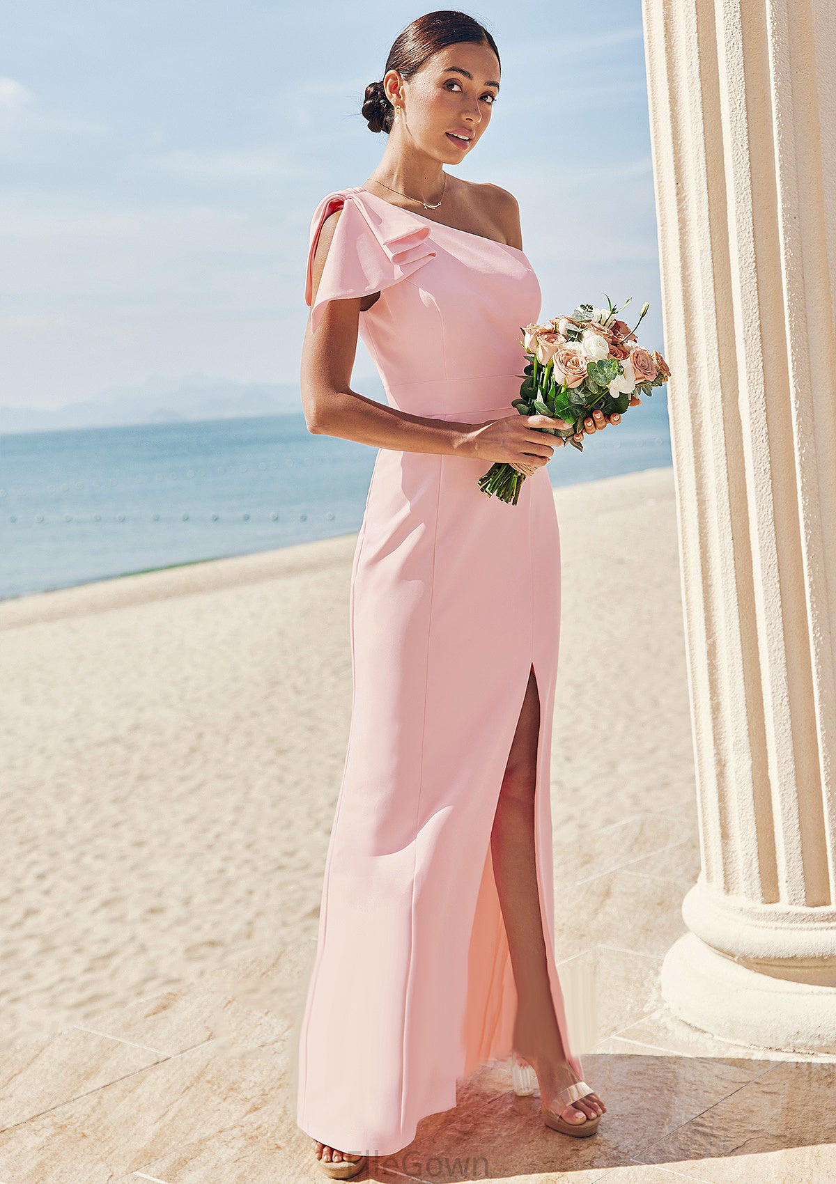 Sheath/Column One-Shoulder Sleeveless Floor-Length Stretch Crepe Bridesmaid Dresses with Bowknot Split Ruby DEP0025230