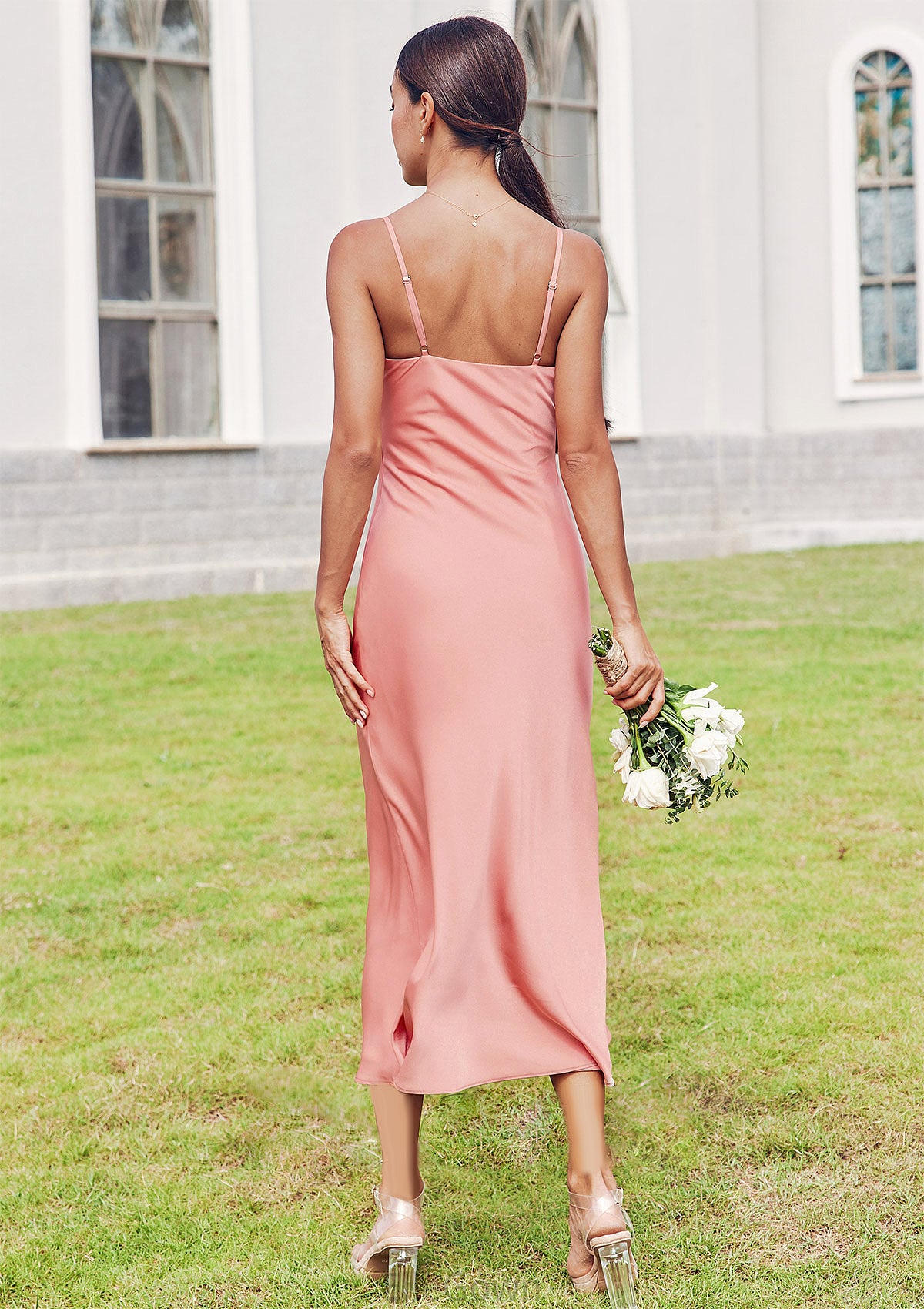 Sheath/Column Cowl Neck Sleeveless Tea-Length Stretch Satin Bridesmaid Dresses Muriel DEP0025232