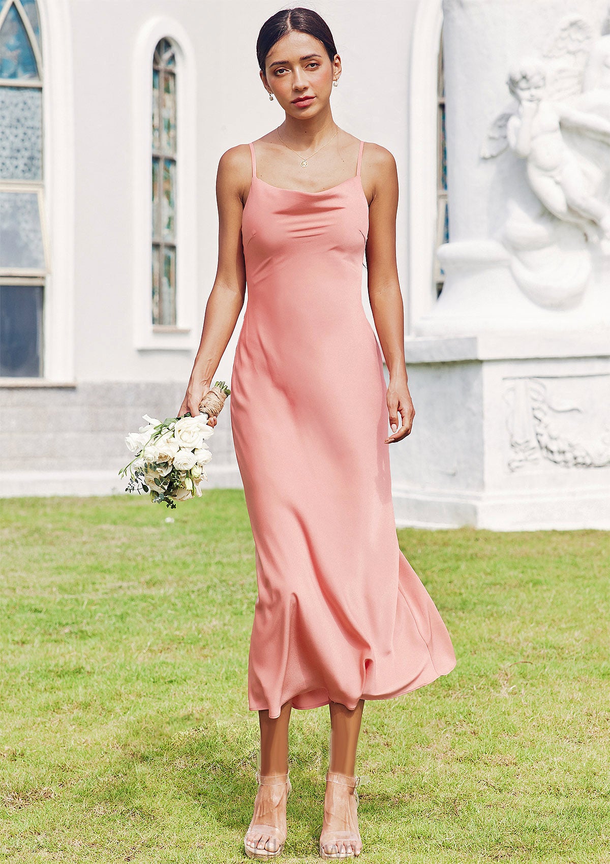 Sheath/Column Cowl Neck Sleeveless Tea-Length Stretch Satin Bridesmaid Dresses Muriel DEP0025232