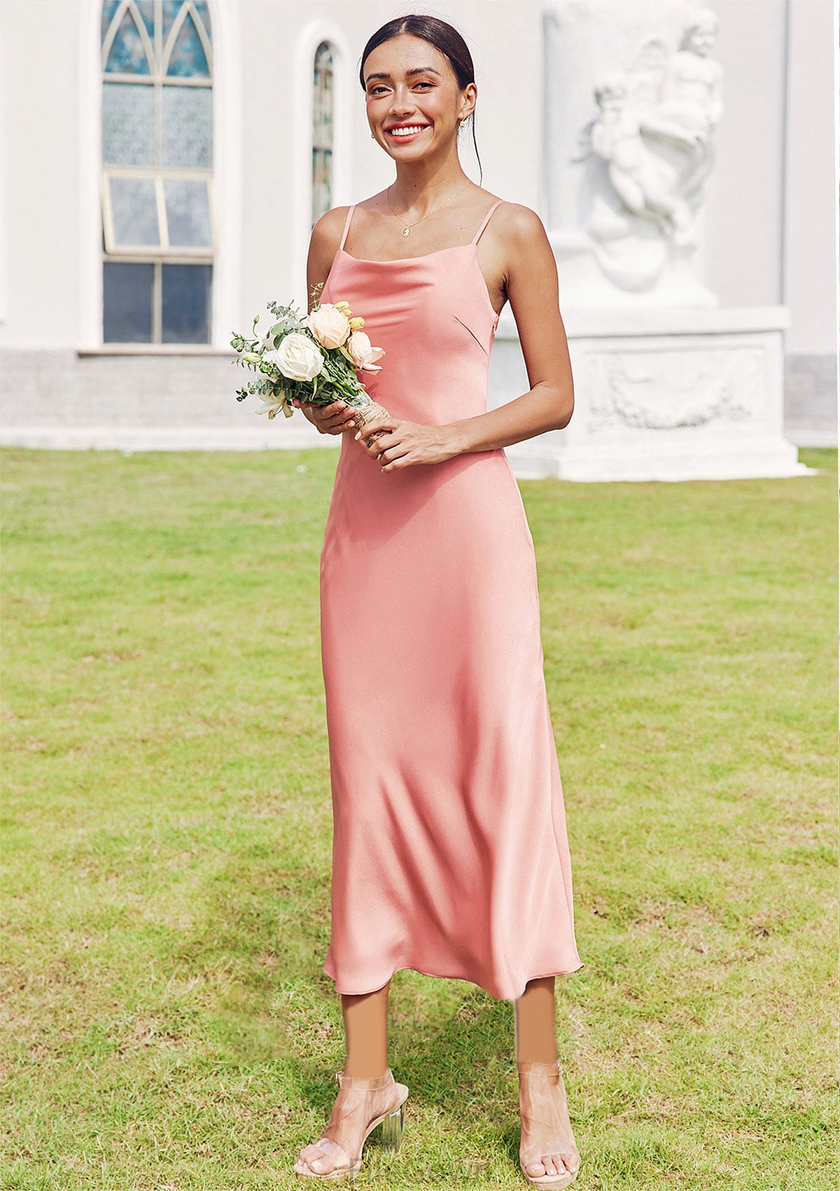 Sheath/Column Cowl Neck Sleeveless Tea-Length Stretch Satin Bridesmaid Dresses Muriel DEP0025232