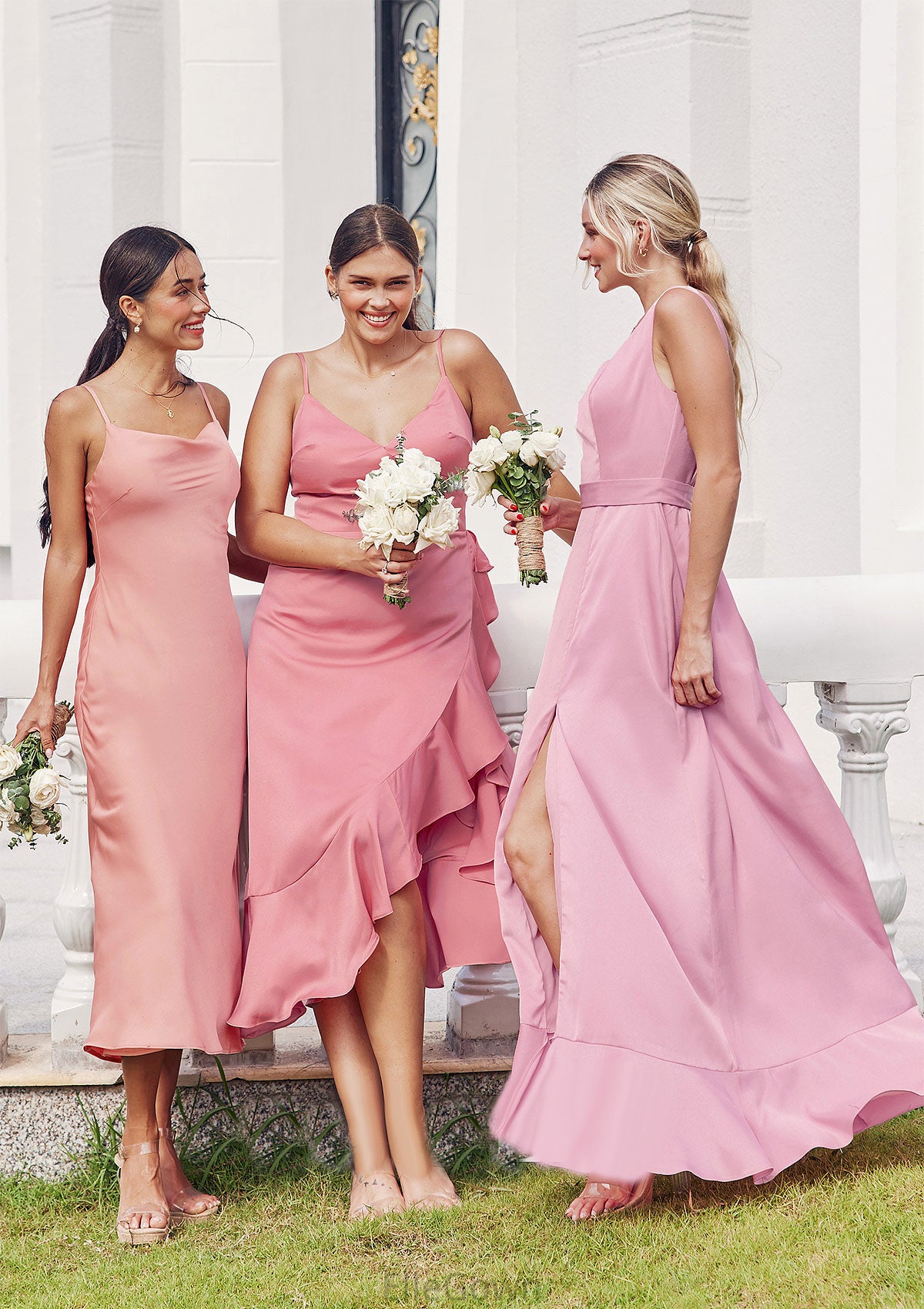 Sheath/Column Cowl Neck Sleeveless Tea-Length Stretch Satin Bridesmaid Dresses Muriel DEP0025232