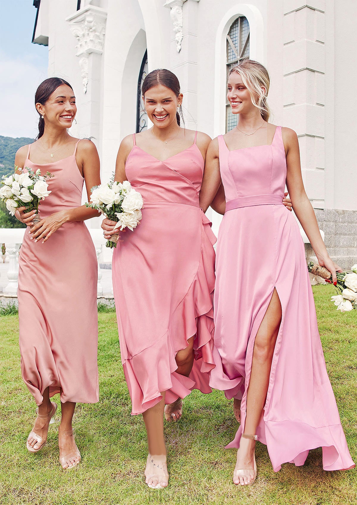 Sheath/Column Cowl Neck Sleeveless Tea-Length Stretch Satin Bridesmaid Dresses Muriel DEP0025232