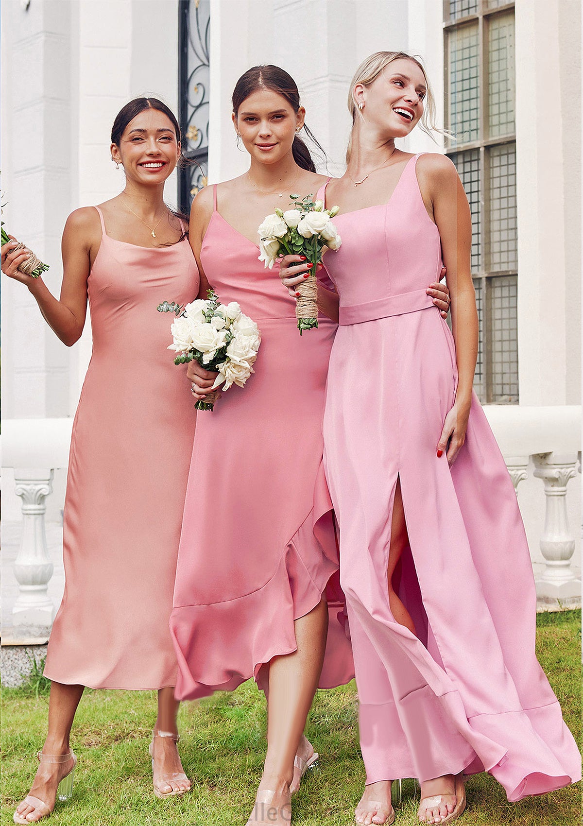 Sheath/Column Cowl Neck Sleeveless Tea-Length Stretch Satin Bridesmaid Dresses Muriel DEP0025232