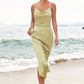 Sheath/Column V Neck Sleeveless Tea-Length Stretch Satin Bridesmaid Dresses with Pleated Split Phoenix DEP0025233