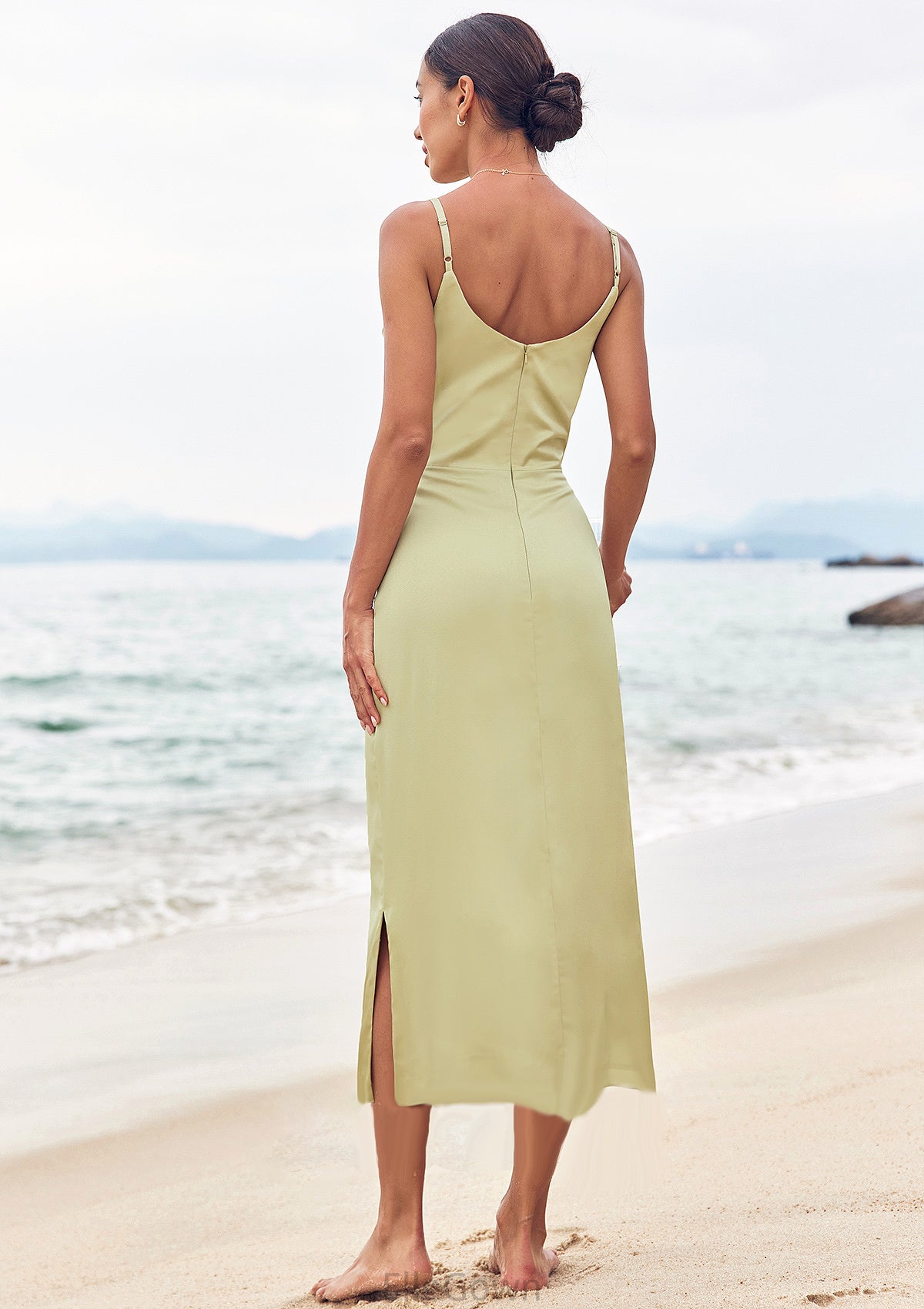 Sheath/Column V Neck Sleeveless Tea-Length Stretch Satin Bridesmaid Dresses with Pleated Split Phoenix DEP0025233