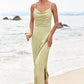 Sheath/Column V Neck Sleeveless Tea-Length Stretch Satin Bridesmaid Dresses with Pleated Split Phoenix DEP0025233