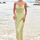 Sheath/Column V Neck Sleeveless Tea-Length Stretch Satin Bridesmaid Dresses with Pleated Split Phoenix DEP0025233