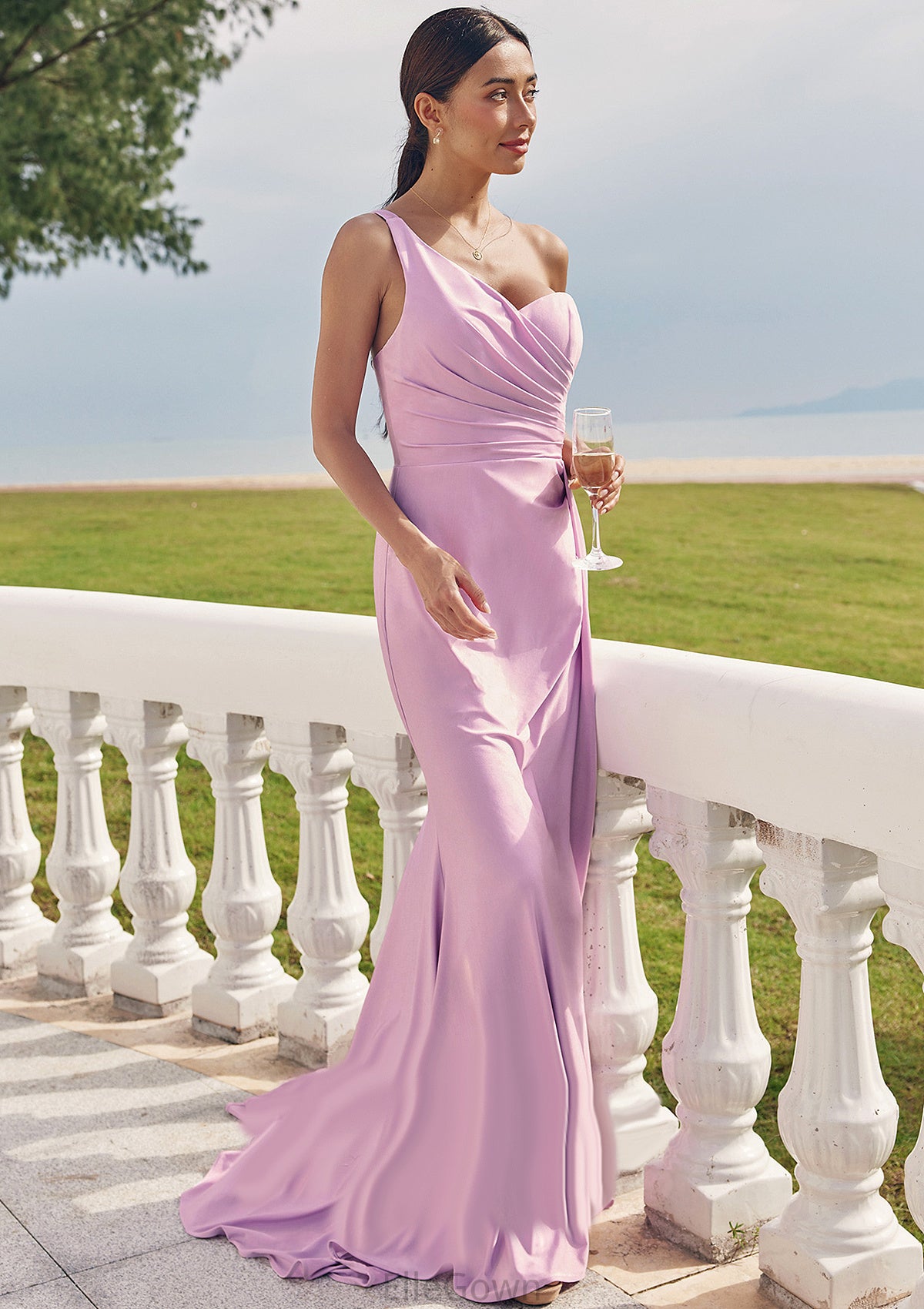 Trumpet/Mermaid One-Shoulder Sleeveless Floor-Length Jersey Bridesmaid Dresses with Pleated Side Draping Brenna DEP0025234