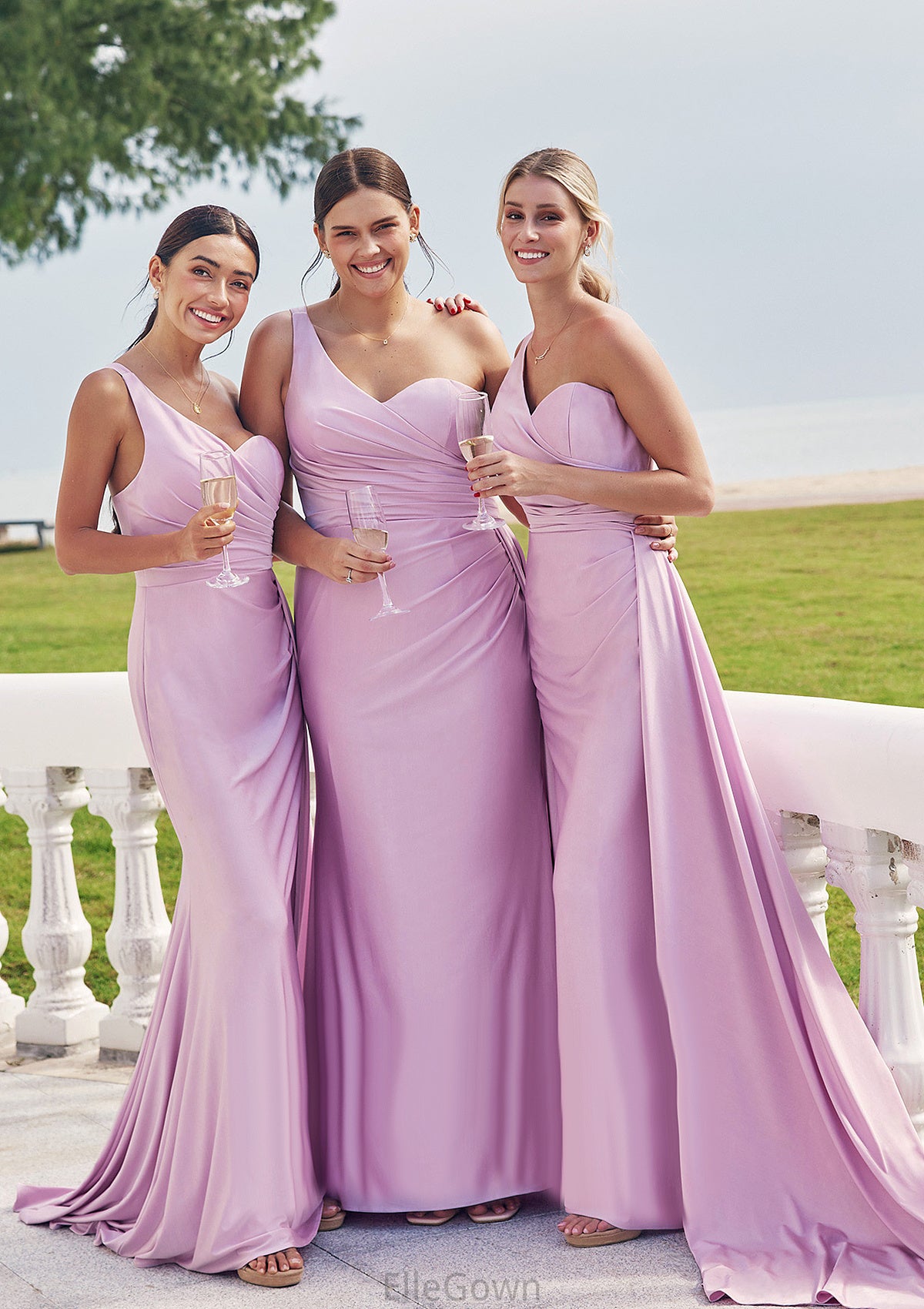 Trumpet/Mermaid One-Shoulder Sleeveless Floor-Length Jersey Bridesmaid Dresses with Pleated Side Draping Brenna DEP0025234