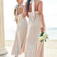 Sheath/Column Halter Sleeveless Ankle-Length Stretch Satin Bridesmaid Dresses with Bowknot Callie DEP0025236