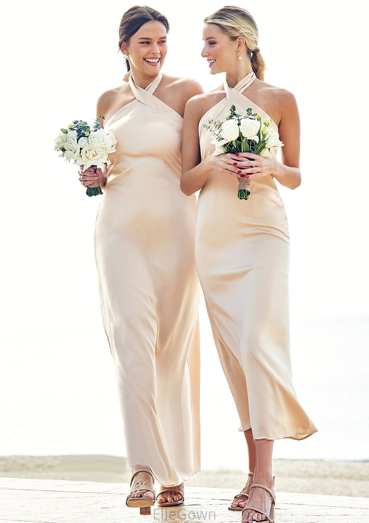 Sheath/Column Halter Sleeveless Ankle-Length Stretch Satin Bridesmaid Dresses with Bowknot Callie DEP0025236