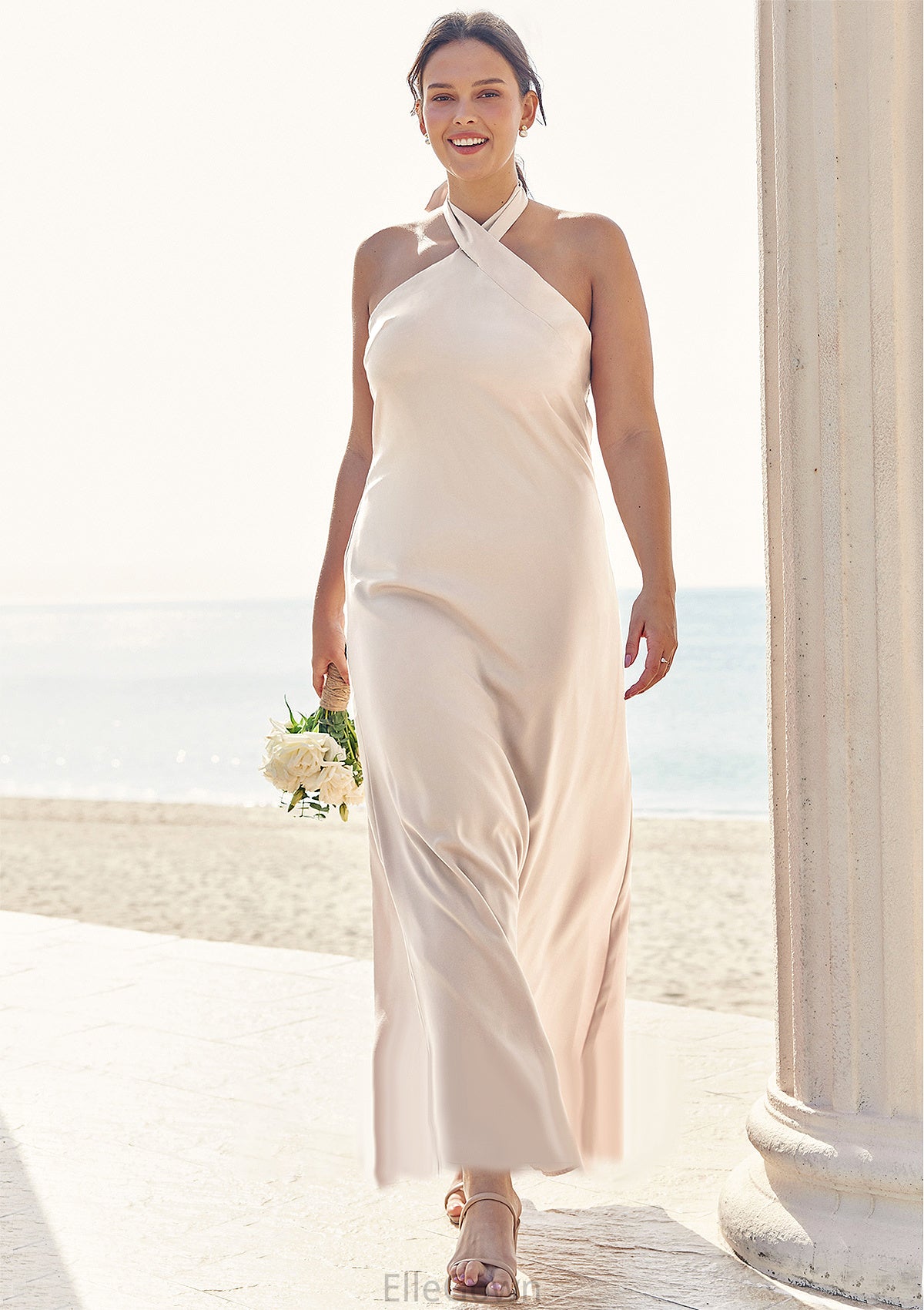 Sheath/Column Halter Sleeveless Ankle-Length Stretch Satin Plus Size Bridesmaid Dresses with Bowknot Fiona DEP0025237