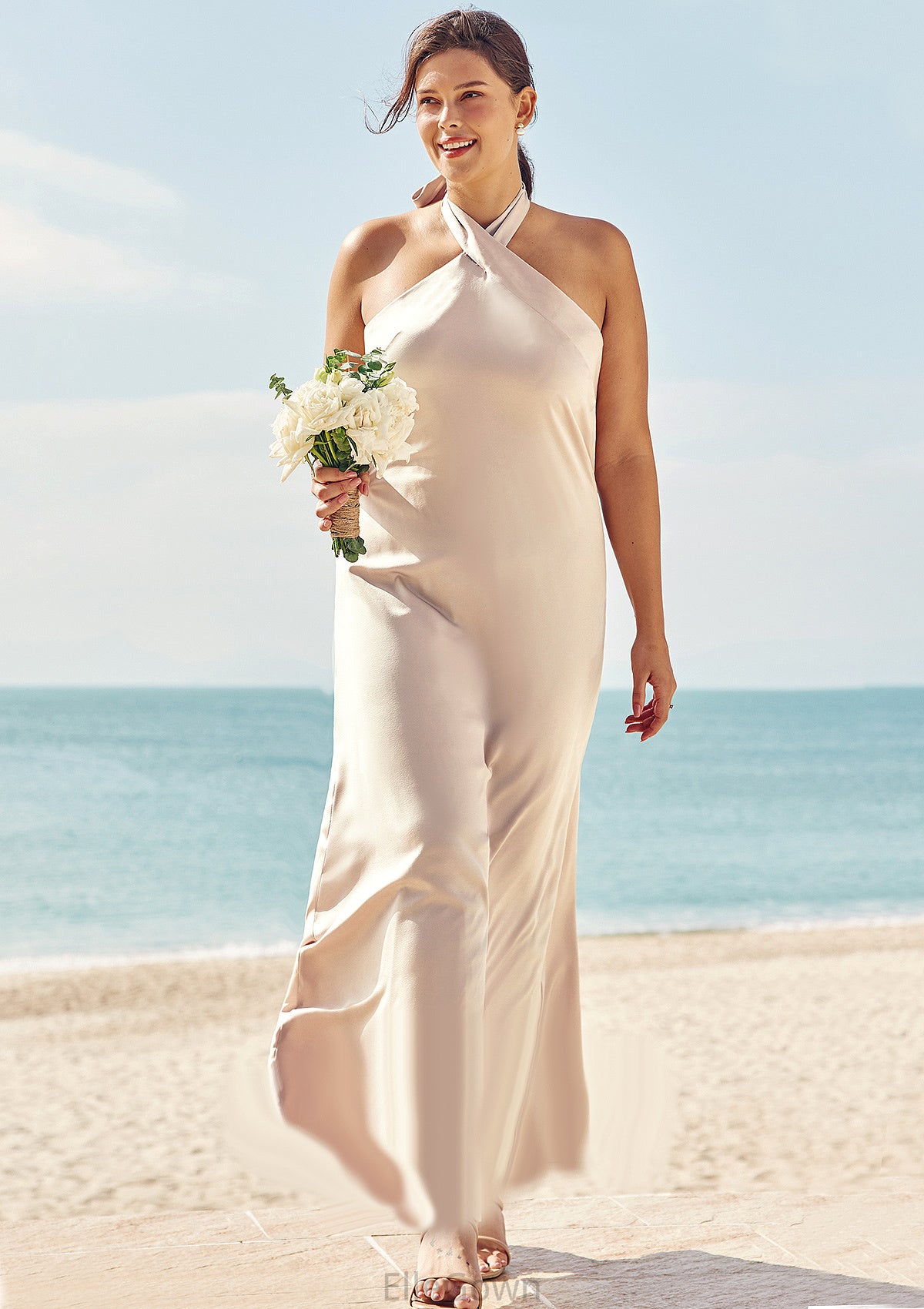 Sheath/Column Halter Sleeveless Ankle-Length Stretch Satin Plus Size Bridesmaid Dresses with Bowknot Fiona DEP0025237