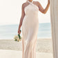 Sheath/Column Halter Sleeveless Ankle-Length Stretch Satin Plus Size Bridesmaid Dresses with Bowknot Fiona DEP0025237