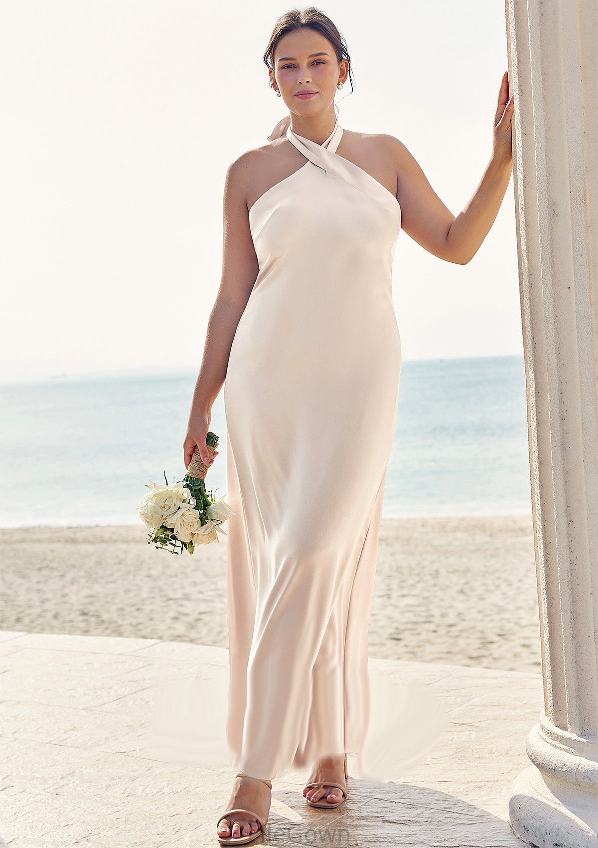 Sheath/Column Halter Sleeveless Ankle-Length Stretch Satin Plus Size Bridesmaid Dresses with Bowknot Fiona DEP0025237