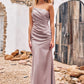 Sheath/Column One-Shoulder Sleeveless Floor-Length Stretch Satin Bridesmaid Dresses with Pleated Olga DEP0025238