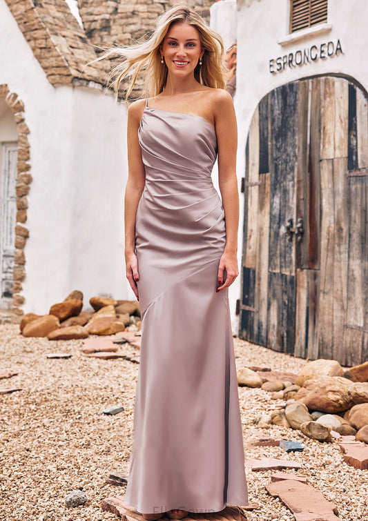 Sheath/Column One-Shoulder Sleeveless Floor-Length Stretch Satin Bridesmaid Dresses with Pleated Olga DEP0025238